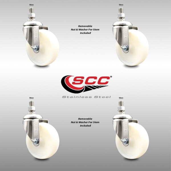 4 Inch 316SS Nylon Wheel Swivel 10mm Threaded Stem Caster Set